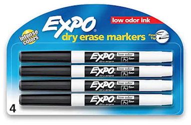 DRY ERASE MARKERS, FINE TIP, EXPO, BLACK, 4/CT LARGE